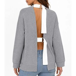 Errant Open Back Sweatshirt Womens Size M Gray Long Sleeve D-Ring Tie New $108
